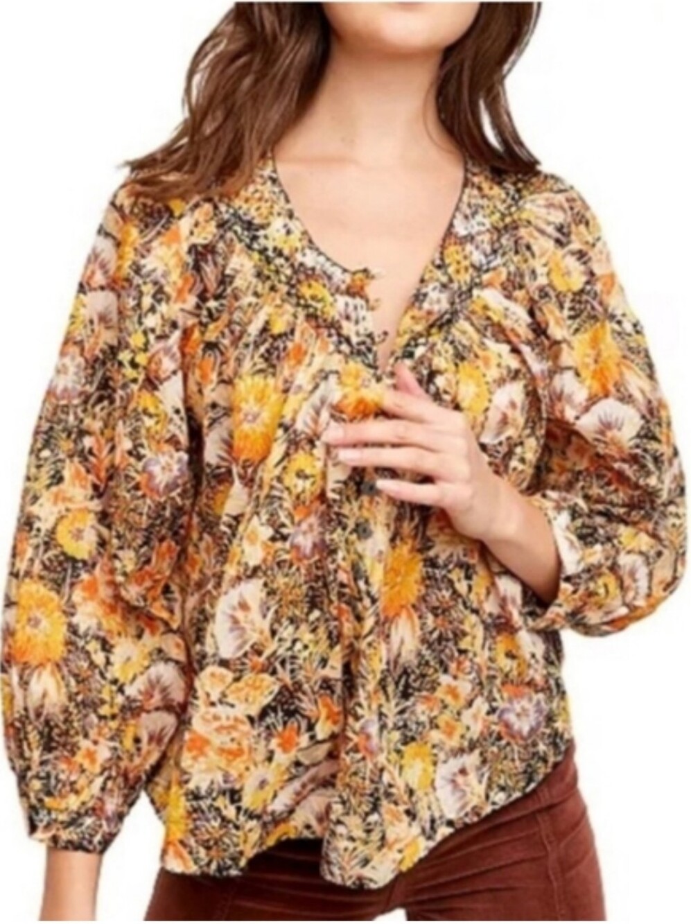 Free People Yellow Floral V-Neck Peasant Top